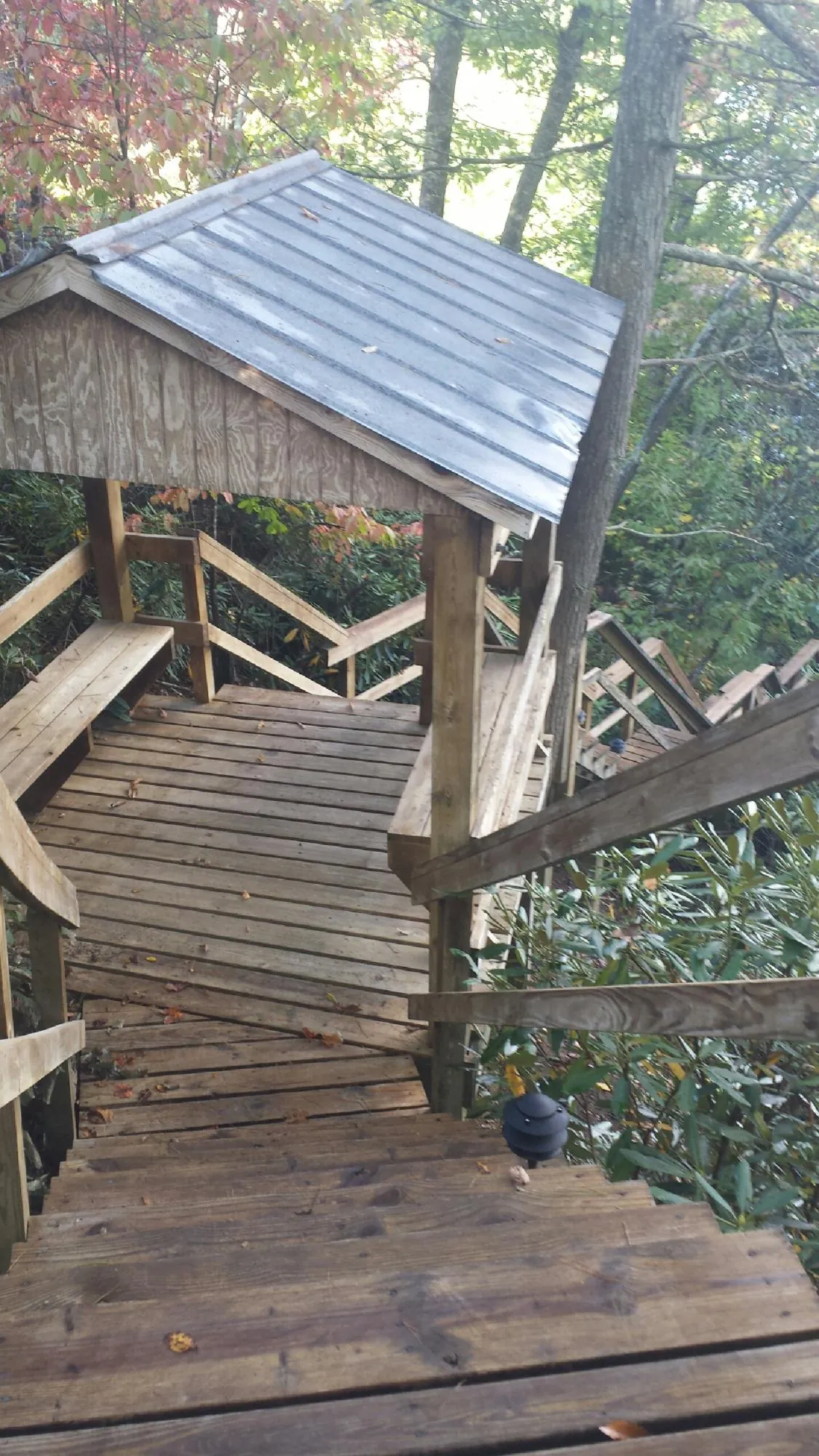 Metal roofed shelter over wooden steps on a wooded walkway — Skylight Repair & Installation work by our crew in Smiths Station